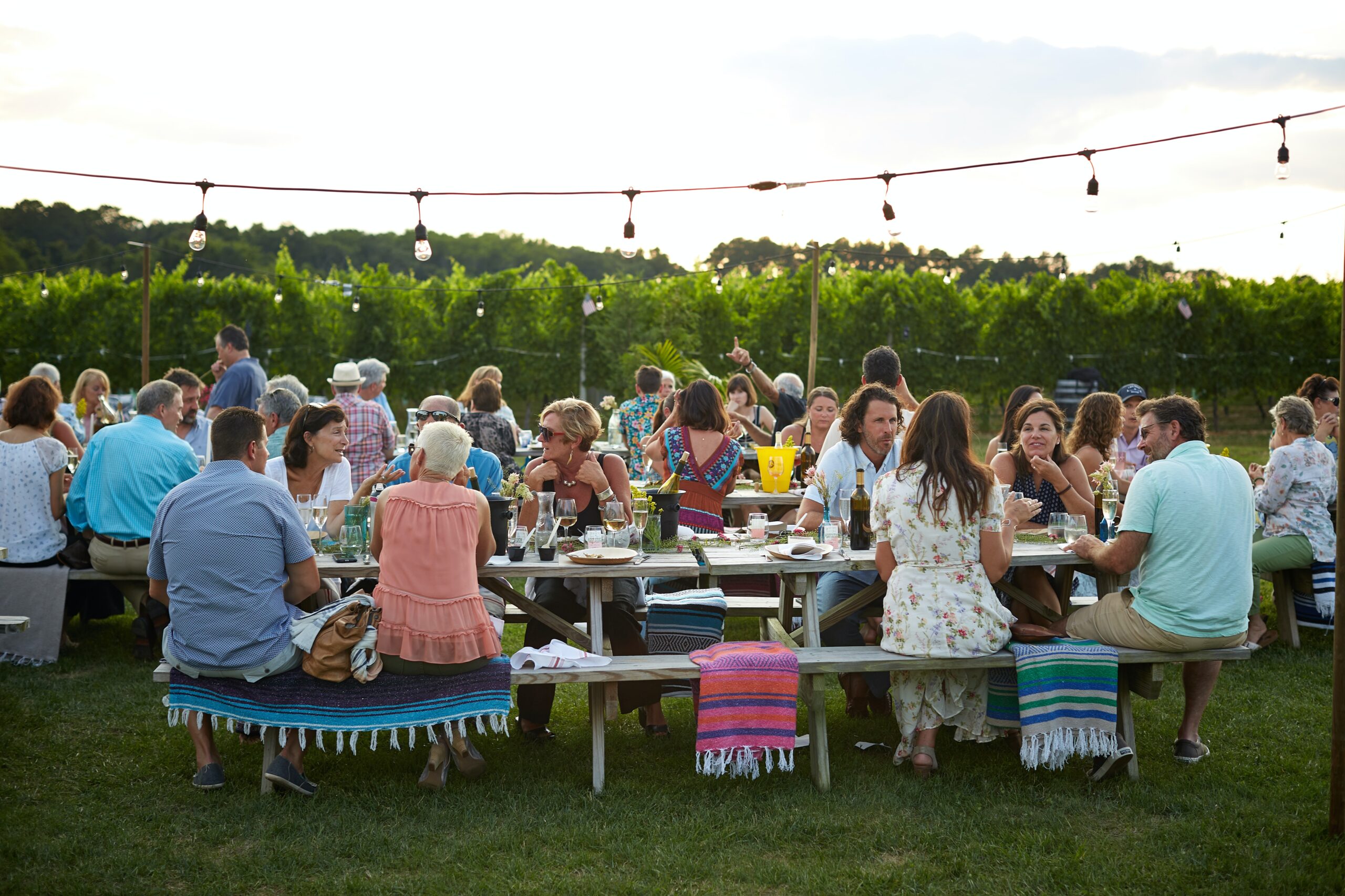 snap shot of about 25 people at picnic tables eating at a festival