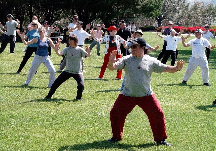Adult in causal clothes in park doing tai chi